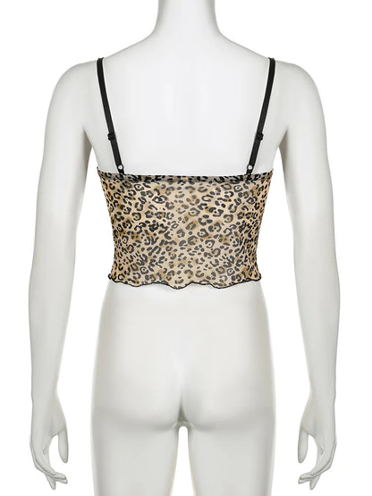 IAMSURE Holiday Sexy Leopard Printed Mesh Camis Top See Through Slim Lace Trim Slash Neck Sleeveless Tank Tops Women 2023 Summer