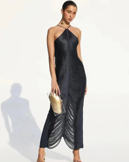 Fashion Tassel Back Slit Neck Hanging Solid Color Dress