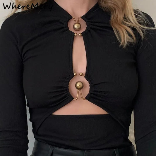 WhereMery-body Sexy de manga larga con agujeros para mujer, corpiño negro con conexión de anillo de Metal, ropa para fiesta y discoteca