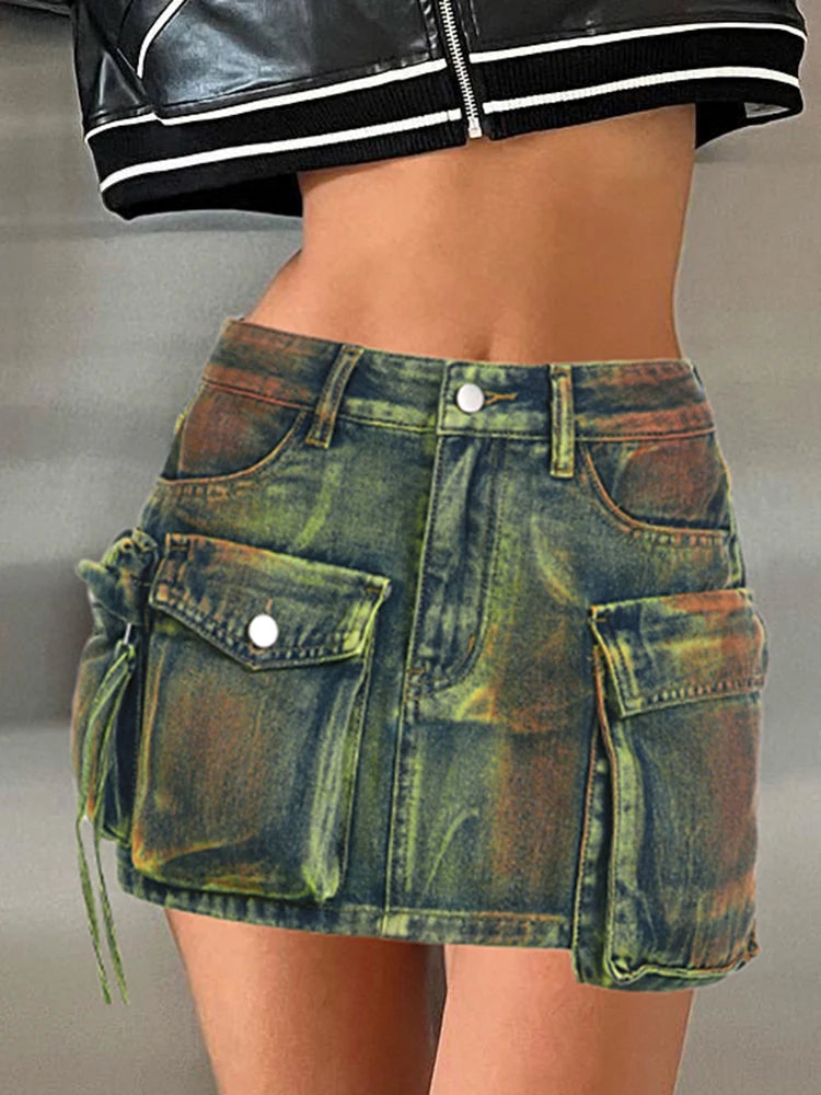 IAMSURE Safari Style Big Pockets Denim Skirt Sexy Slim Mid-Waisted Mini Skirts Women 2023 Summer Fashion Streetwear Ladies