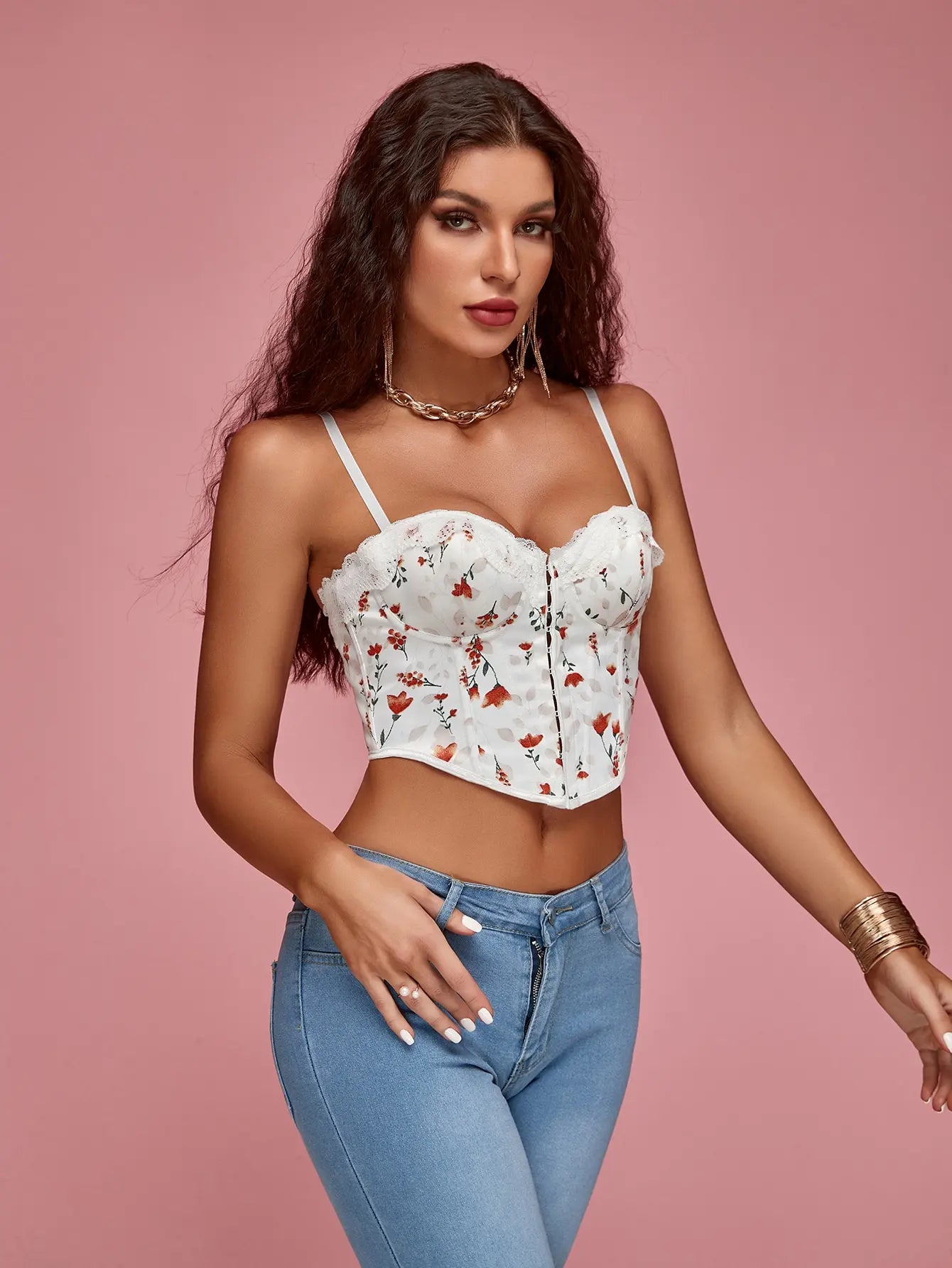 2023 Sexy Women Sweet Floral Print Fishbone Detail Cami Cropped Top Curved Hem Tie Back Shapewear Clubwear