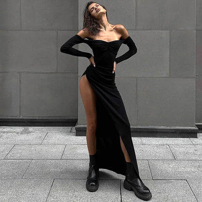 Cryptographic Asymmetric Ruched Sexy Backless Slit Maxi Dress Party Fashion Off Shoulder Dresses for Women Long Sleeve Autumn