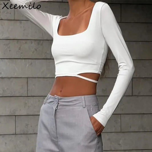 Xeemilo Solid Square-neck T-shirt Y2K Hollow Out Long Sleeve Women Crop Tops Summer Fashion High Streetwear Casual Skinny Tees