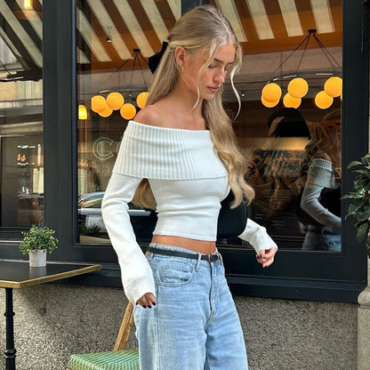 Xeemilo Elegant Slash-neck Ribbed Solid Crop Tops Autumn Skinny Off Shoulder Long Sleeve T Shirt French Gentle Tight T-shirts