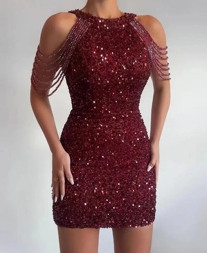 Fashion Hanging Neck Sexy Crystal Bead Wrap Hip Sequin Dress