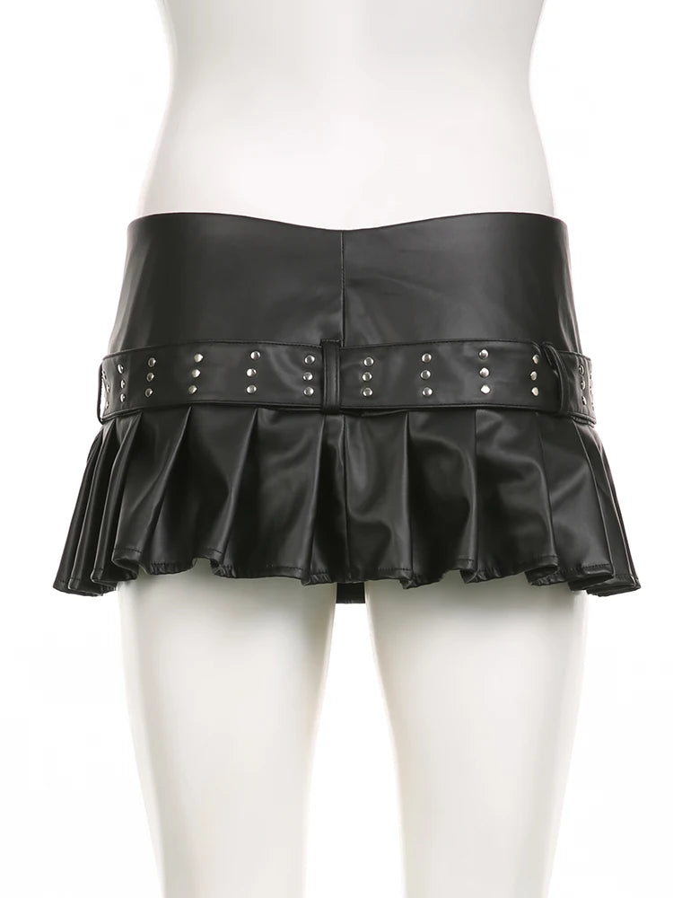 IAMSURE Sexy Slim A-Line Pleated Split Skirt With Sashes Solid Metal Buckle Low-Waisted Super Mini Skirts Women 2023 Summer