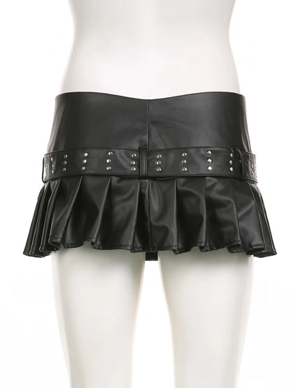 IAMSURE Sexy Slim A-Line Pleated Split Skirt With Sashes Solid Metal Buckle Low-Waisted Super Mini Skirts Women 2023 Summer