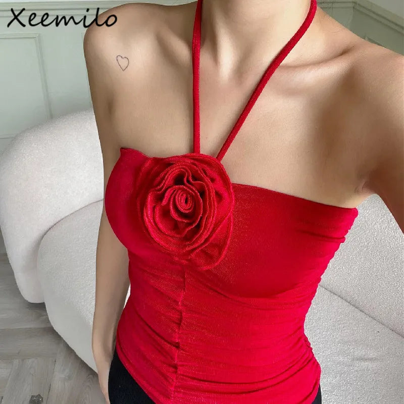 Xeemilo-Camiseta sin mangas con hombros descubiertos y cuello Halter, Tops cortos de tubo estéticos con flores en 3d, camisola ajustada plisada sin mangas para verano 2023