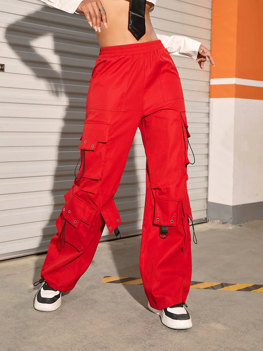 Y2k 2023 High Street Trend Hip Pop Flap Pocket Side Solid Color Elastic Waist Loose Straight Cargo Pants Streetwear