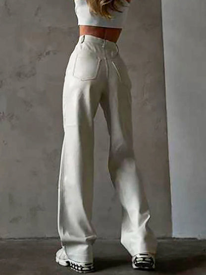 Cryptographic Fashion White PU Leather High Rise Pants Streetwear Casual Button Up Straight Leg Pants for Women Trousers Pants