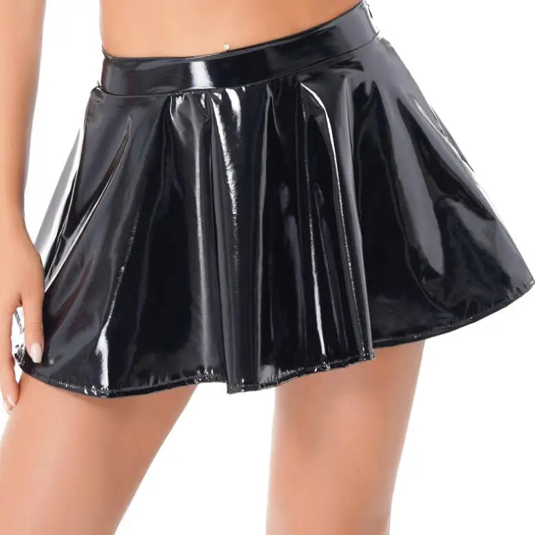 NEW Solid color unlined PU faux leather pleated elastic skirt