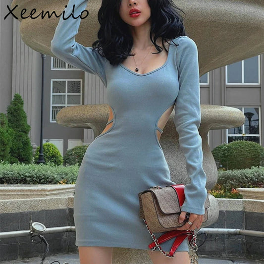 Xeemilo Summer Blue Waist Hollow Out Dress Elegant Long Sleeve V-neck Backless Mini Dresses 2023 Women Sexy Party Prom Vestidos