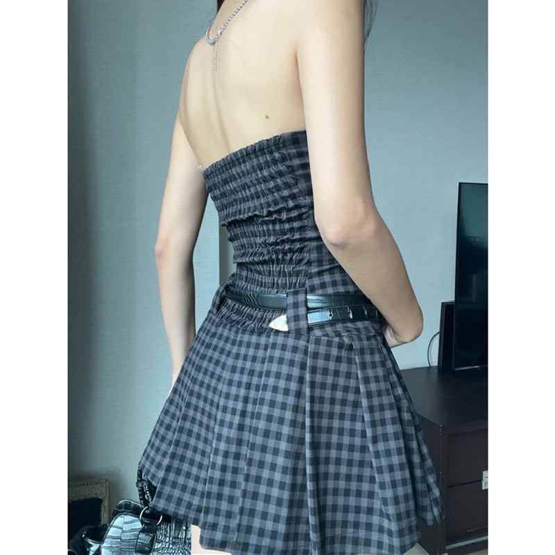 Xeemilo Vintage Plaid Print Tube Dress Sexy Gentle Slash-neck Pleated Mini Dresses 2023 Fashion Off Shoulder Backless Vestidos