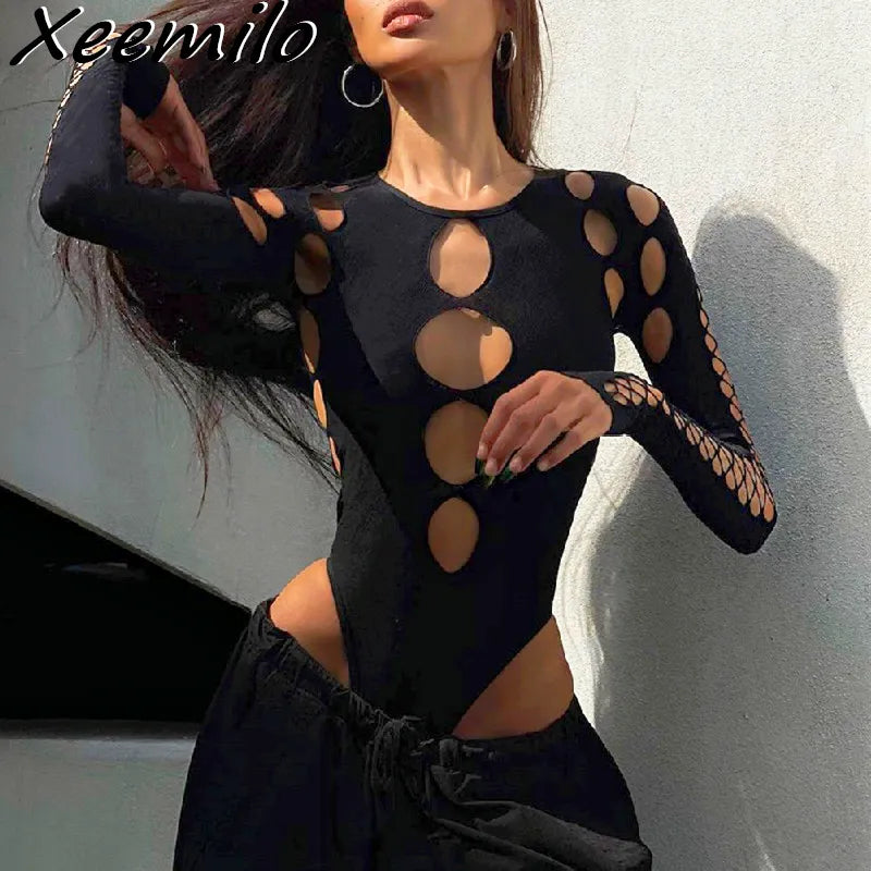 Xeemilo Sexy Dot Hollow Out Bodysuit Y2K Gothic Punk Long Sleeves Bodycon T-shirt Women Autumn Streetwear Slim Bodice Bodysuits