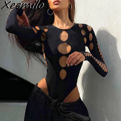 Xeemilo Sexy Dot évider body Y2K gothique Punk manches longues moulante T-shirt femmes automne Streetwear mince corsage body