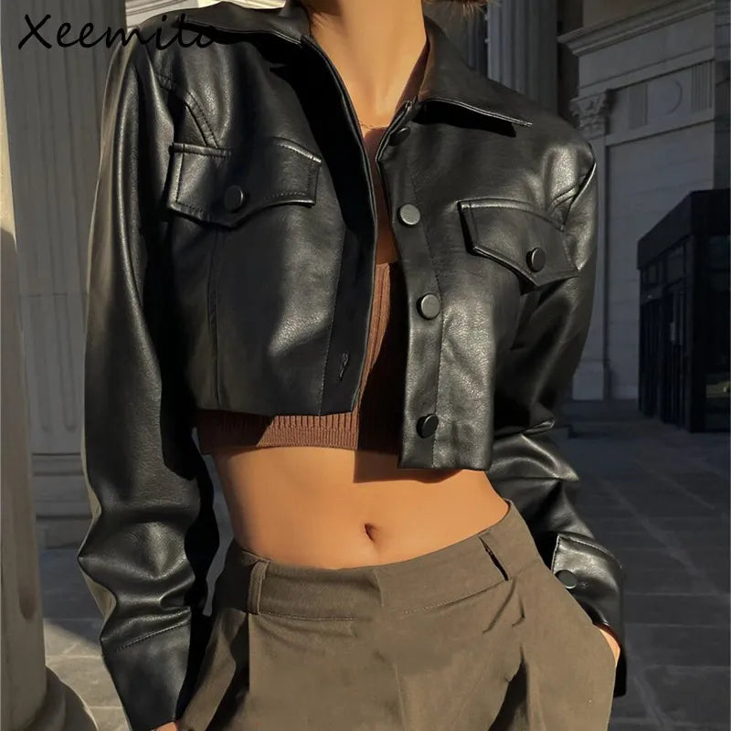 Xeemilo – veste courte en Faux cuir d'automne Y2K, col rabattu, mode bouton décoration, manteau en PU, manteaux décontractés de rue Grunge 2022