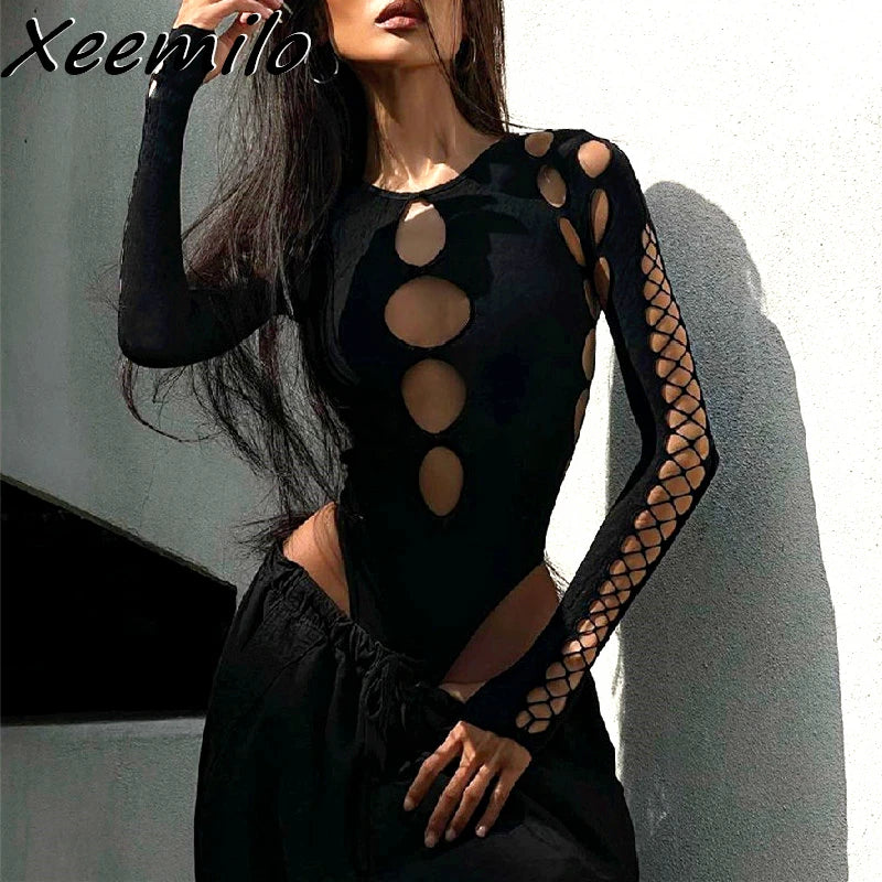 Xeemilo Sexy Dot Hollow Out Bodysuit Y2K Gothic Punk Long Sleeves Bodycon T-shirt Women Autumn Streetwear Slim Bodice Bodysuits