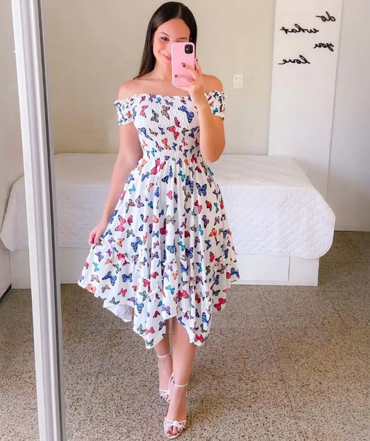 Vestido estampado de manga corta con hombros descubiertos y cuello de una línea a la moda, 6 colores