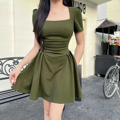 Women's Short Dresses New Top Pure Color Casual Temperament Elegant Extended Vintage Tea Break Short Sleeve Skirt