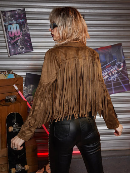 2023 Women Fashion Fringe Trim Suedette Moto Jacket Chic Solid Lapel Button Front Cropped Outwear Mujer