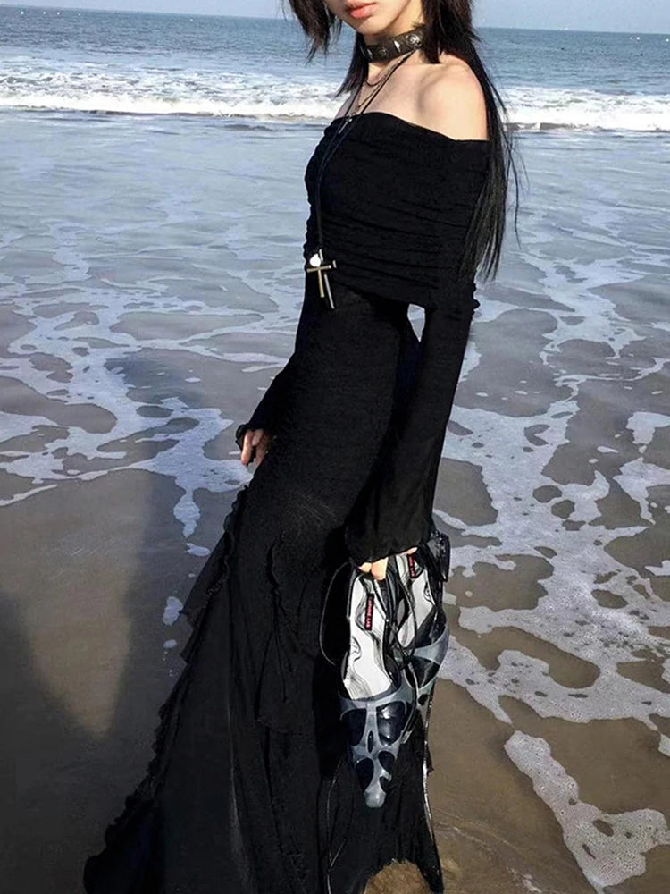 IAMSURE Elegant Fashion Dark Ruffles Split Long Dress Gothic Slash Neck Long Sleeve Maxi Dresses For Women 2023 Holiday Beach