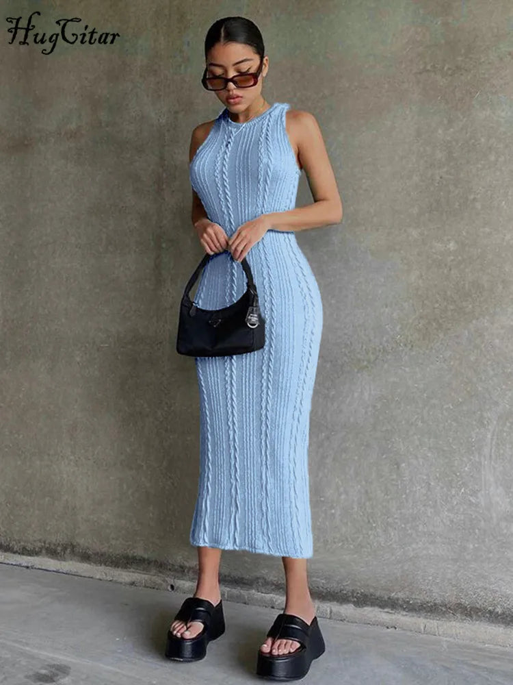 Hugcitar Crochet Sleeveless O-Neck Bodycon Solid Sexy Sweater Dress 2023 Summer Women Streetwear Party Club Elegant Clothing Y2K