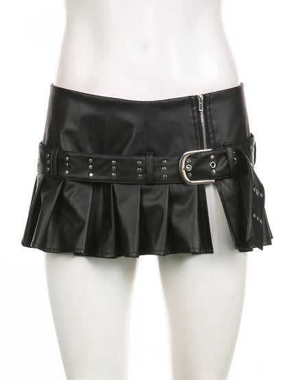 IAMSURE Sexy Slim A-Line Pleated Split Skirt With Sashes Solid Metal Buckle Low-Waisted Super Mini Skirts Women 2023 Summer