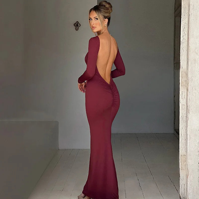 Criptográfico elegante espalda abierta acanalada Sexy ceñido al cuerpo Maxi vestido trajes de cumpleaños para mujeres vestidos de manga larga vestido de fiesta de Club