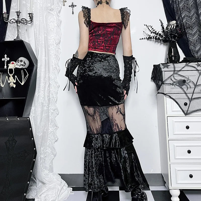 Women's Gothic Half-body Skirt Sexy See-through Spice Girls Long Skirt Temperament Velvet Lace Splicing Half Skirt