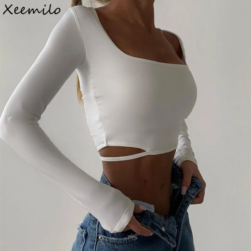 Xeemilo T-shirt à col carré uni Y2K ajouré à manches longues femmes hauts courts mode d'été haute Streetwear décontracté t-shirts slim