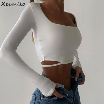 Xeemilo-Camiseta lisa con cuello cuadrado Y2K, Tops cortos calados de manga larga para mujer, ropa de calle alta de moda de verano, camisetas ajustadas informales