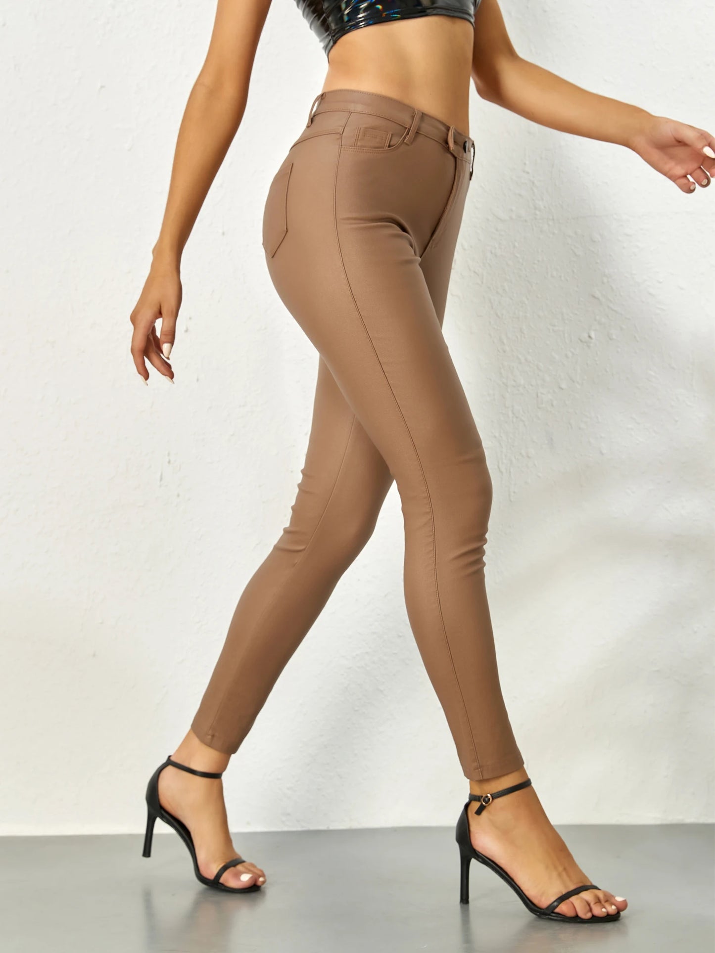 Pantalon crayon en cuir PU pour femmes, extensible, taille haute, Slim, Long, solide, Slim, fête en Club, décontracté, avec poches, tendance