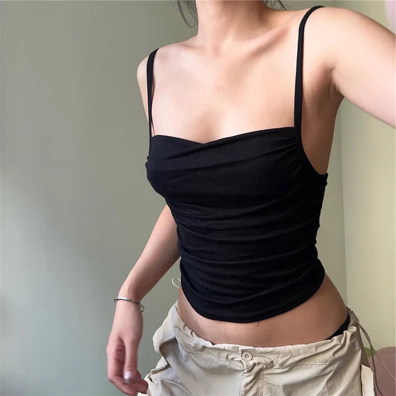 Xeemilo Spaghetti Straps Ruched Tank Top Casual All-matching Low-cut Backless Crop Tops 2023 Simple Underwear Bodycon Corsets