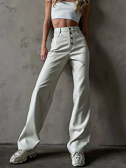 Cryptographic Fashion White PU Leather High Rise Pants Streetwear Casual Button Up Straight Leg Pants for Women Trousers Pants