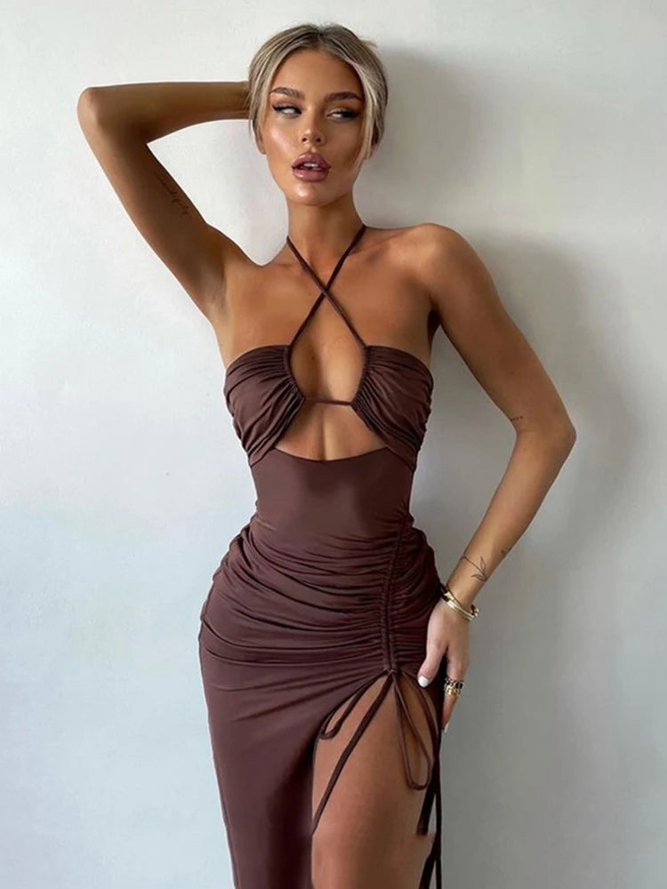 Criptográfico caliente verano Sexy cuello Halter con espalda descubierta sin mangas recortado Maxi Vestido para mujeres elegante Club fiesta vestidos con aberturas Vestido