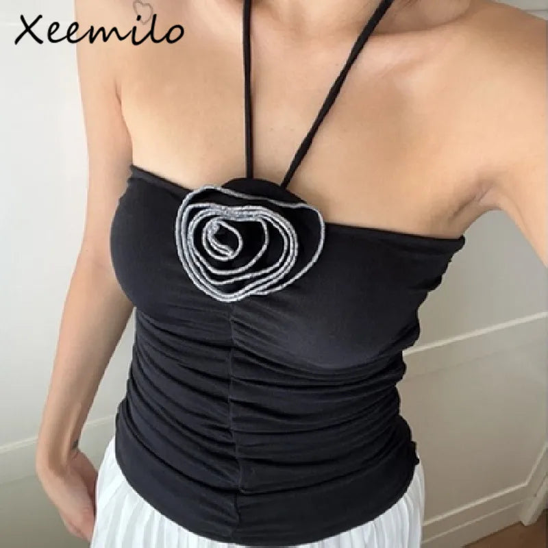 Xeemilo Sexy Off Shoulder Halter Tank Top Aesthetic 3d Flower Tube Crop Tops 2023 Summer Sexy Sleeveless Pleated Skinny Camisole