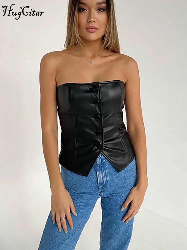 Hugcitar Pu Leather Black Strapless Buttons Sexy Bodycon Crop Tube Top Fall Winter Women Elegant Streetwear Nightclub Clothes