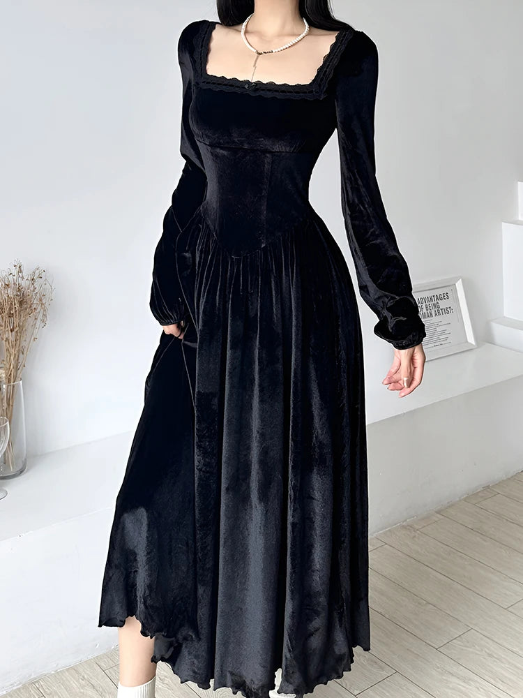 IAMSURE Elegant Fashion Lace Trim Velvet A-Line Dress Slim Solid Square Collar Long Sleeve Maxi Dresses For Women 2023 Autumn