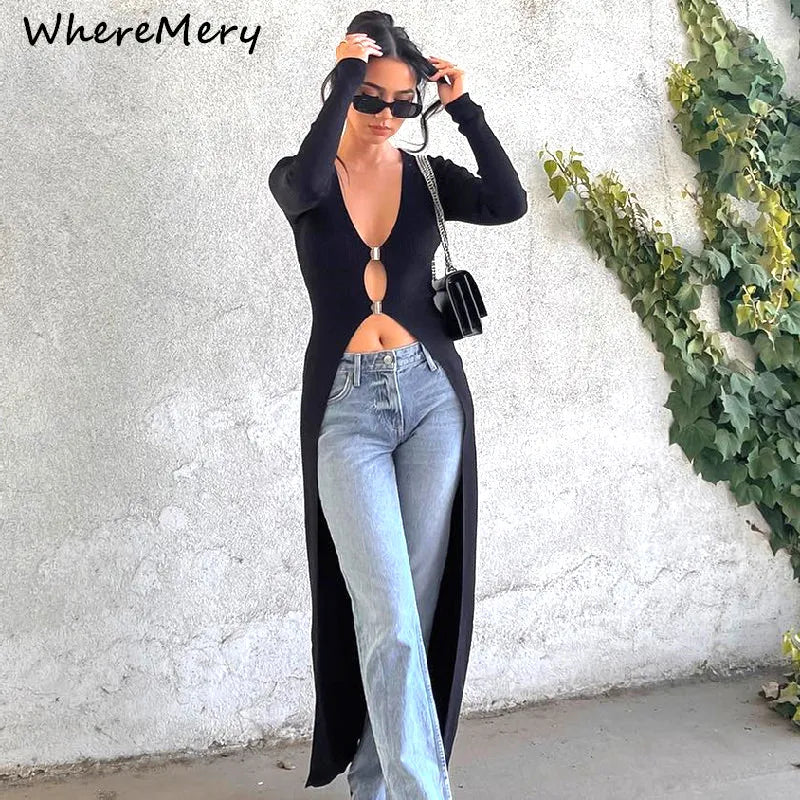 WhereMery Sexy Hollow Out Long Sleeve Maxi T Shirt Women V Neck Low Cut Metal Button Black Top Streetwear Cusual Lady Tops Tees