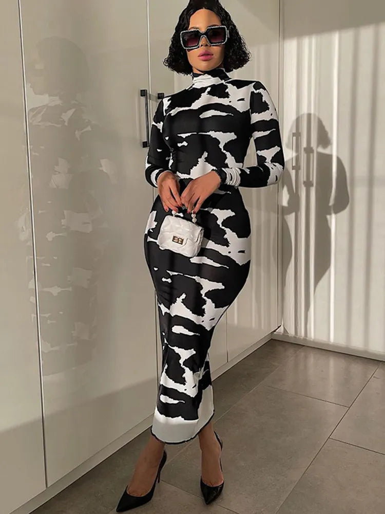 Hugcitar 2023 manches longues col roulé vache imprimé moulante robe Maxi automne hiver femmes mode fête Club Sexy tenues vêtements