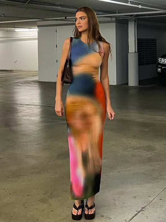 Hugcitar Tie tinte dibujo vestido Midi acanalado para mujer 2023 trajes de verano ceñido al cuerpo con abertura lateral Y2K trajes ropa de calle sexi vestido largo