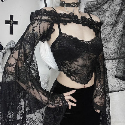 Women's Gothic Tops Dark Wind Temperament Tops Women Button Splicing Lace See Through Long Sleeve Blouse Cardigan