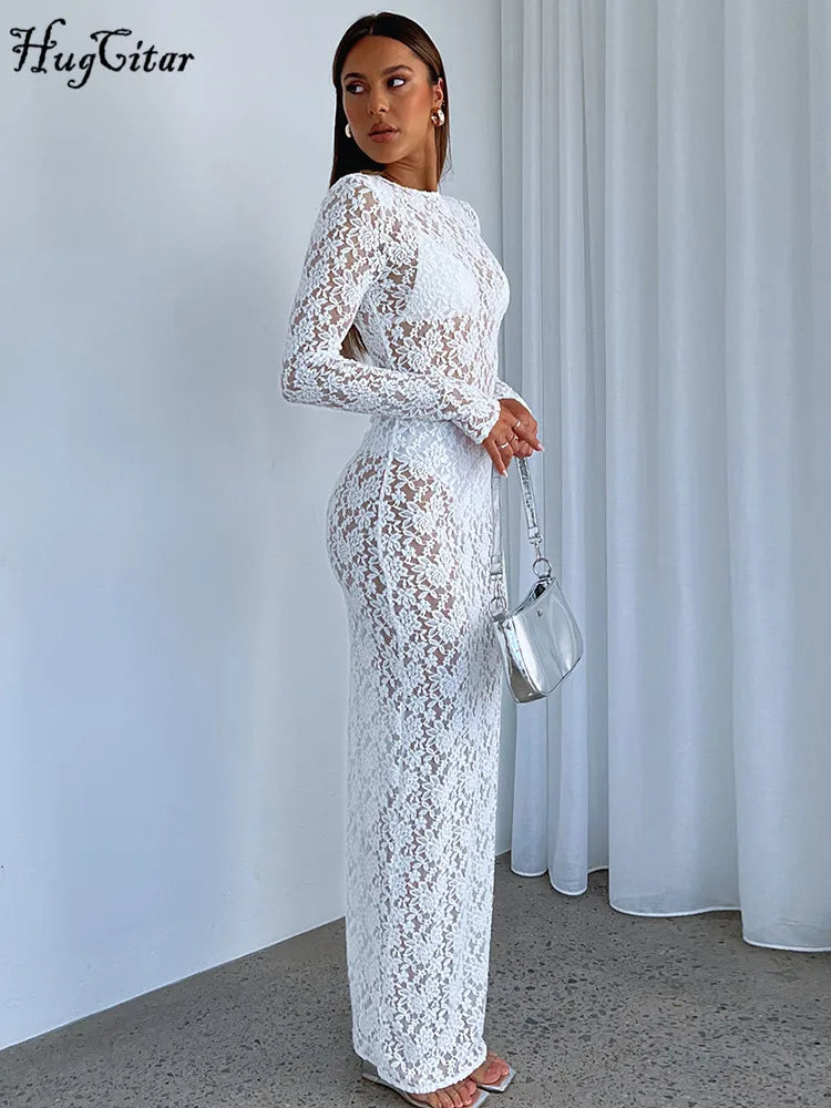 Hugcitar – robe Maxi transparente à manches longues, imprimé Floral, Sexy, moulante, transparente, mode femme, Streetwear, tenue de fête, Y2K, automne 2023