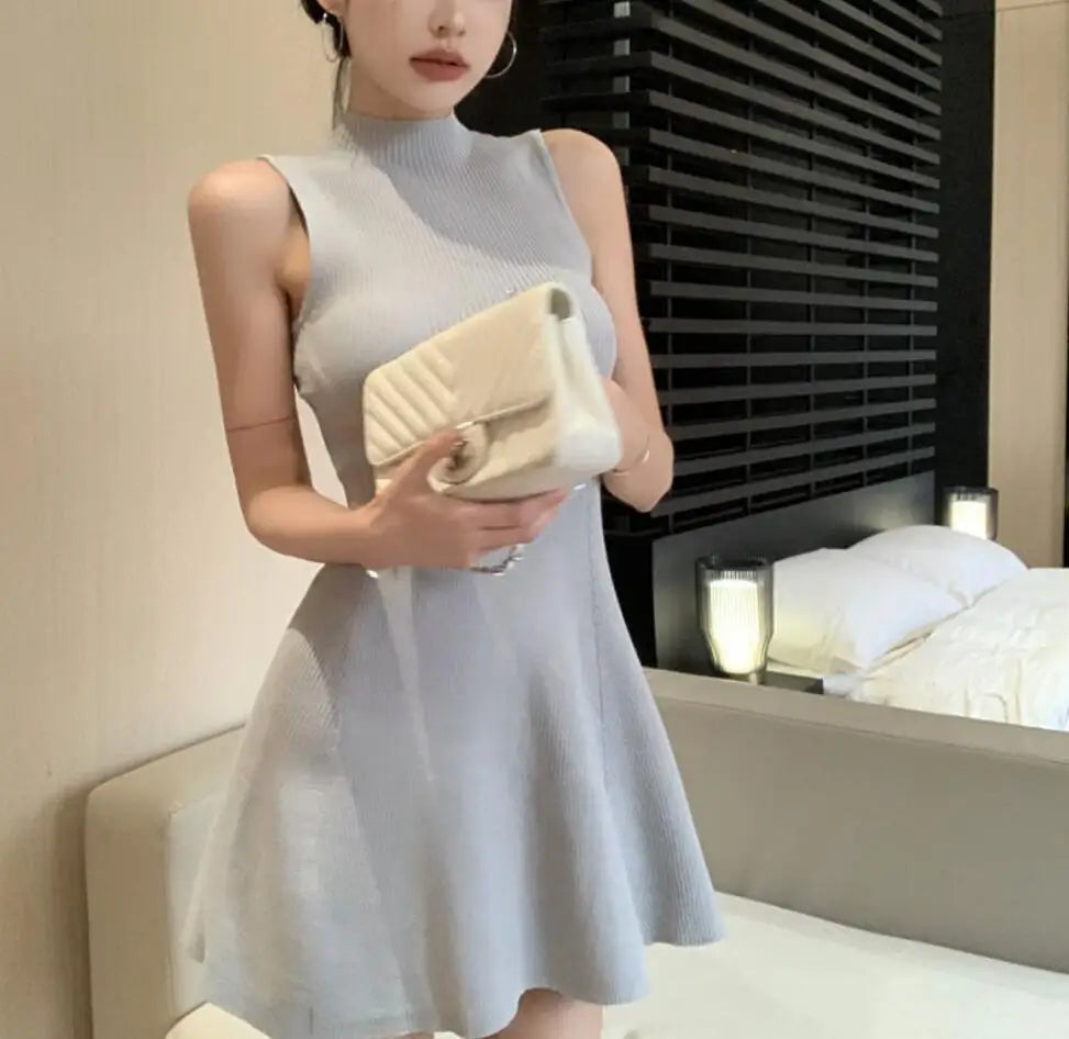 Summer New Slim Fit Waistband Sleeveless Solid Knitted Dress for Women