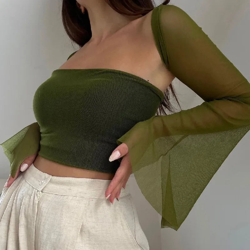 Xeemilo Aesthetic Vintage Women 2 Piece Sets Green Strapless Tank Top With Sexy Mesh Sheer Flare Long Sleeve Shawl Street Outfit