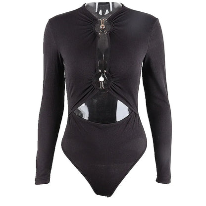 WhereMery Sexy Hollow Out Long Sleeve Bodysuit Metal Ring Connection Fashion Folds Women Bodice Black Bodycon Party Clubwear Top