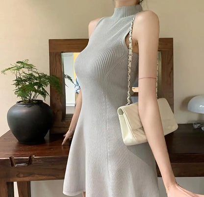 Summer New Slim Fit Waistband Sleeveless Solid Knitted Dress for Women