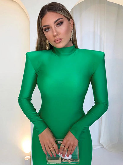 Hugcitar Solid Long Sleeve With Shoulder Pads Turtleneck Maxi Dress 2023 New Year Women Fashion Streetwear Elegant Skinny