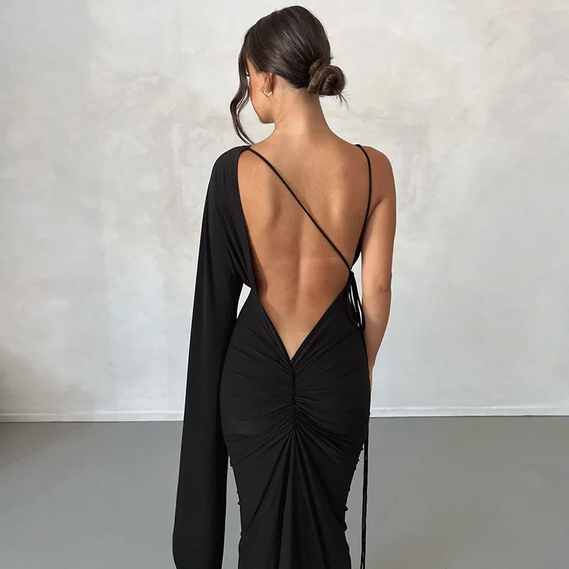 Cryptographic Fashion Draped Deep V Sexy Backless Maxi Dresses Party Club Women Elegant One Shoulder Gown Slip Dresses Ruched