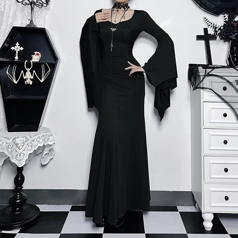 Robe sirène gothique à manches chauve-souris pour femmes de la famille Addams